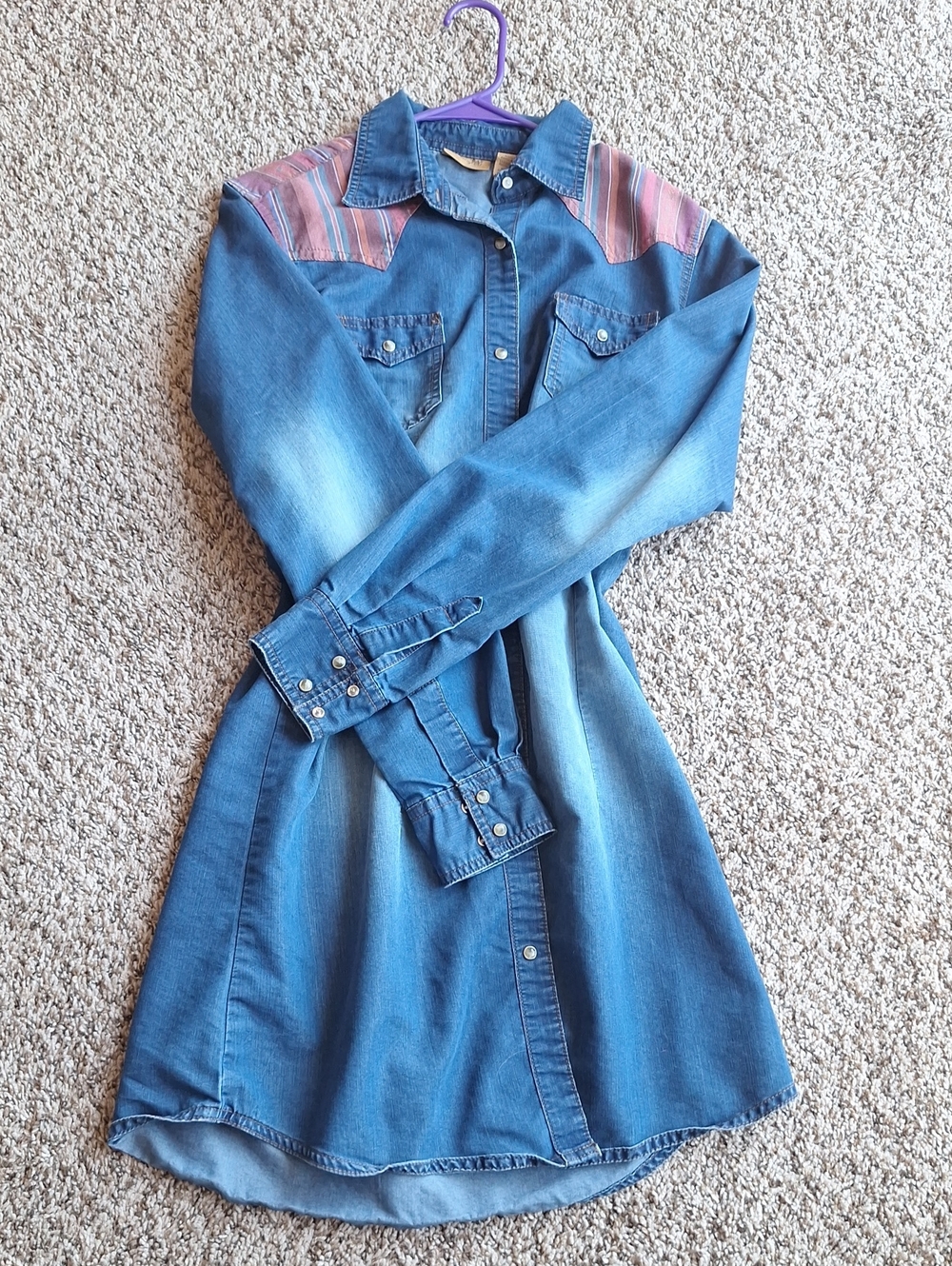 Wrangler Womens Blue Denim Western Shirt Dress with Pink Yoke Detail